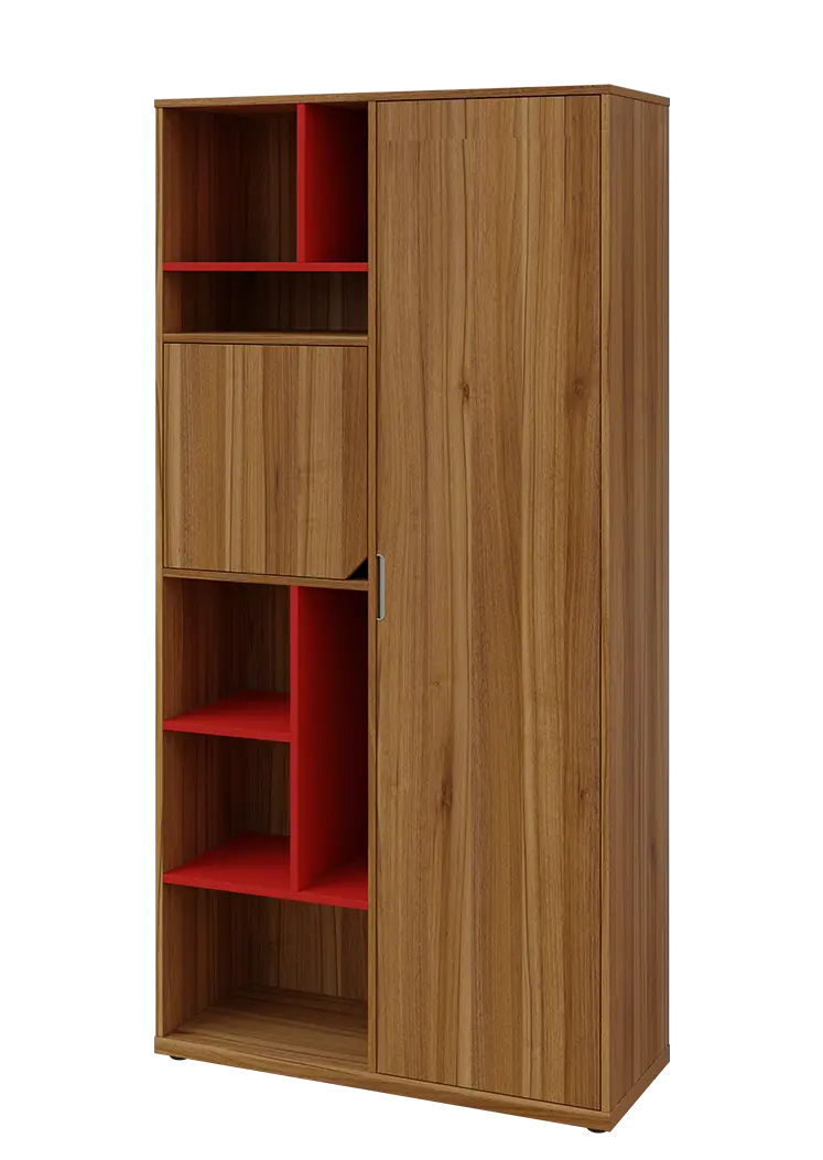 KSR6-83 P skříň šatní, 1x výsuvné ramínko, dvířka, niky, 2053x1022x400 mm, provedení pravé, korpus a dvířka ořech světlý/police červená